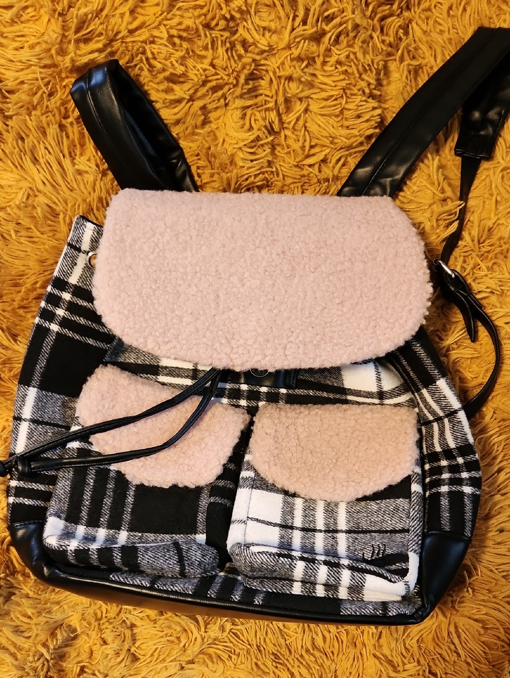 NWOT BearPaw Pink Faux-Shearling Plaid Backpack with Black Accents